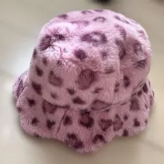 キッズ　女子　ピンク ヒョウ柄 ファーバケットハット