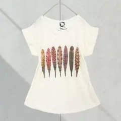 美品 半袖 プリントTシャツ 薄手 Aライン 羽 カラフル 綿100％ 着回し