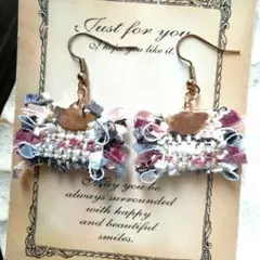 再販2　フリンジ　ピンク　グレー　ピアス　イヤリング　ツイード　リボン　タッセル