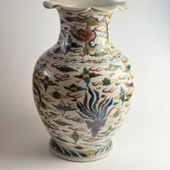 明時代 宣徳年製 五彩 龍文 花瓶 陶磁器 時代物 骨董品 旧家蔵出し