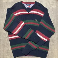 TOMMY HILFIGERストライプ Vネックセーター XL
