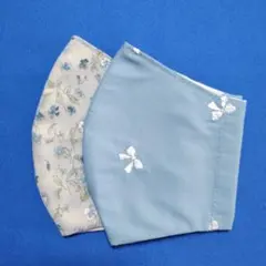 普通サイズ布マスク2枚組・リボン刺繍(くすみブルー)&花(グレー)のサムネイル