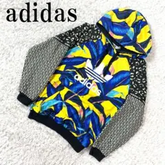 アディダス パーカー 綿 フード付き 総柄 プリント 青 黒 M B3263