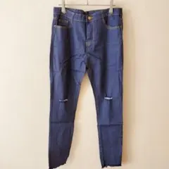 新品未使用 スキニーパンツ ダークブルー 【L】合わせやすい ダメージ加工