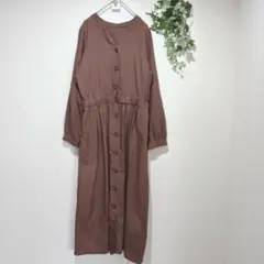 【グローバルワーク】ブラウン 長袖シャツワンピース ウエストゴム　Mサイズ