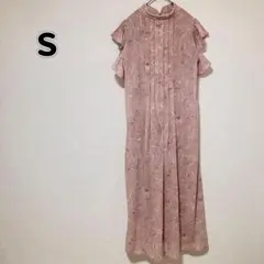 ピンク マーブルフラワー フレアスリーブ ワンピース Sサイズ n4558