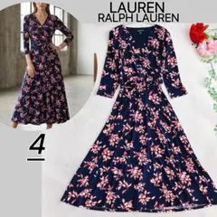美品✨ローレンラルフローレン♡ 花柄ロングワンピース ベルト　リボン　XS 美品✨ラルフローレン♡花柄シャツワンピース リボンベルト フレアA