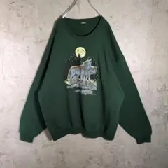 【オオカミプリント】狼 満月 ナイトデザイン オーバーサイズスウェット 緑