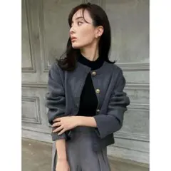 anuans オリジナルボタンノーカラーニットジャケット