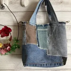 デニムリメイク　トートバッグ　パッチワーク　バッグ　ハンドメイド