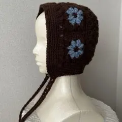 ハンドメイド ボンネット 耳当て付きニット帽 バラクラバ フード帽 ブラウン