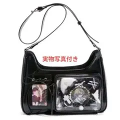 痛バッグ　ショルダーバッグ レザー バッグ　トレカ収納　ぬいぐるみ収納　ブラック