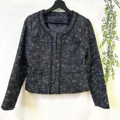 美品【東京スタイルGRADE】11号ノーカラージャケット　ツイード　ラメ混　黒