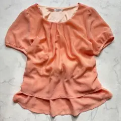 2wayウエストリボンブラウス　【L】　オレンジ　半袖　シアー　プルオーバー