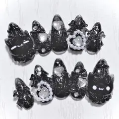 No.319　ネイルチップ 量産型 地雷系 サブカル 平成女児 黒 ブラック 猫