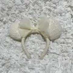 ミニーマウス耳カチューシャ アイボリー　ホワイト　ツイード　ディズニー