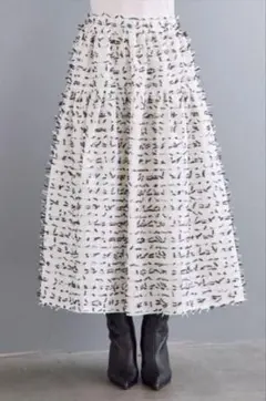お値下げ！frene リボンテープシャギーフレアスカート　ホワイト