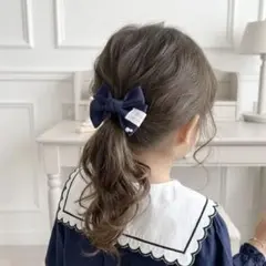 handmadeリボンヘアゴム　ネイビー　パール　オリジナルタグ