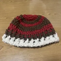 ストライプ編み物帽子 赤 茶色