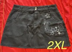 レディース　デニム黒　ミニスカート　2XL 刺繍ストーン模様　膝上
