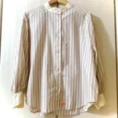 Java バンドカラー ストライプ バイカラー 長袖シャツ(L)