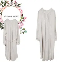 【グローバルワーク】長袖ノーカラーボタンロングワンピース♡紐付左右ポケット【L】