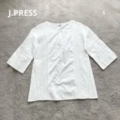 ジェイプレス　 ピンタック　刺繍チュニックブラウス　オフホワイト　七分袖　L