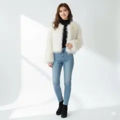 BaLiChunTian ふわふわ エコファー クロップド丈 ブルゾン ホワイト