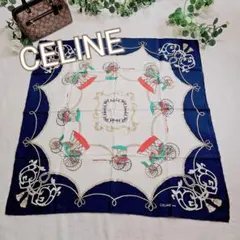 美品✨CELINE　大判シルクスカーフ　馬車チェーンロープ柄　ネイビー系