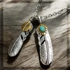 アメカジ フェザーネックレス2枚羽 メンズ シルバー ターコイズ ゴールド