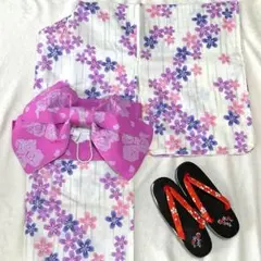 ☆新品☆ レディース 浴衣 3点セット 作り帯 下駄 ホワイト 桜 ピンク 紫