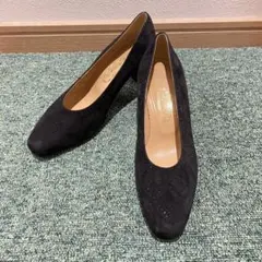 ヨシノヤ　銀座　東京　黒　パンプス　23.5cm スエード　パンチング