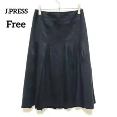 ジェイプレス　ひざ丈プリーツスカート　黒　Aラインシルエット　スエード調　065