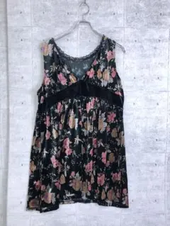 ボーホーシック 古着 ブラックレーストリム 花柄 ノースリ チュニック