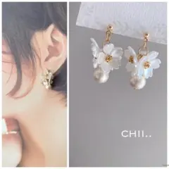 No.895 桜ピアス　白　コットンパールピアス　薄ピンク　春　限定　桜