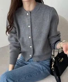 andme パールボタン無地ボーダー長袖ニットカーディガン