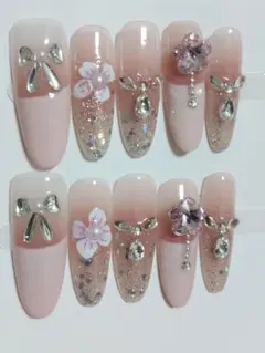 B6花とリボンのピンクロングネイルチップSサイズ10個セット