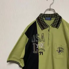 【古着】ポロシャツ　半袖　刺繍　グリーン　緑