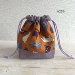 ハンドメイド＊ミニ巾着袋＊オレンジ＊北欧柄＊猫柄＊内布薄いピンク