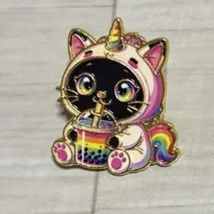 黒猫 ユニコーン レインボー タピオカドリンク ピンバッジ ピンズ 猫グッズのサムネイル