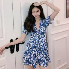 ワンピース 夏 韓国 スカート バルブスリーブ 花柄ショート ドレス 春 夏