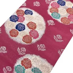アンティーク帯 夏帯 名古屋帯 絽 薔薇の花模様 濃ピンク色 AO-3051