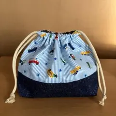 ハンドメイド　給食袋　コップ袋　お弁当袋　水色　ストライプ　星　車