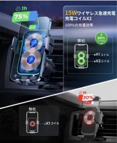 車載ワイヤレスデュアルコイル充電器 超強力粘着ゲル真空吸盤＆送風口兼用全車種対応