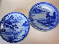青白磁風景画の平皿2枚セット