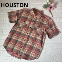 HOUSTON メンズ半袖チェックシャツ　Lサイズ　赤オレンジ系　ネルシャツのサムネイル