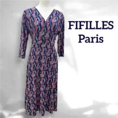 美品 FIFILLES Paris 幾何学 カシュクール ワンピース ネイビーのサムネイル