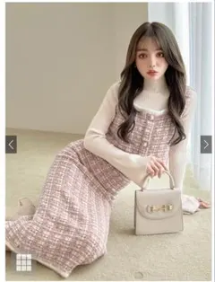 ビスチェXタイトスカートツイードニットセットアップ ピンク