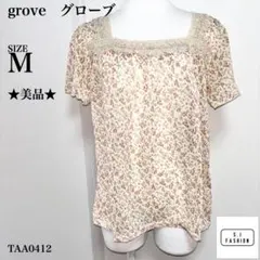 グローブ トップス 花柄 スクエアネック 襟元レース 半袖チュニックM ベージュ