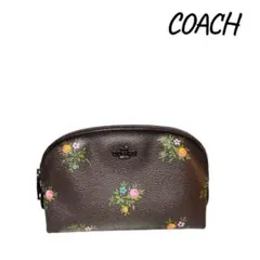 COACH コーチフラワープリントポーチ 花柄 ブラウン レザー 小物入れポーチ